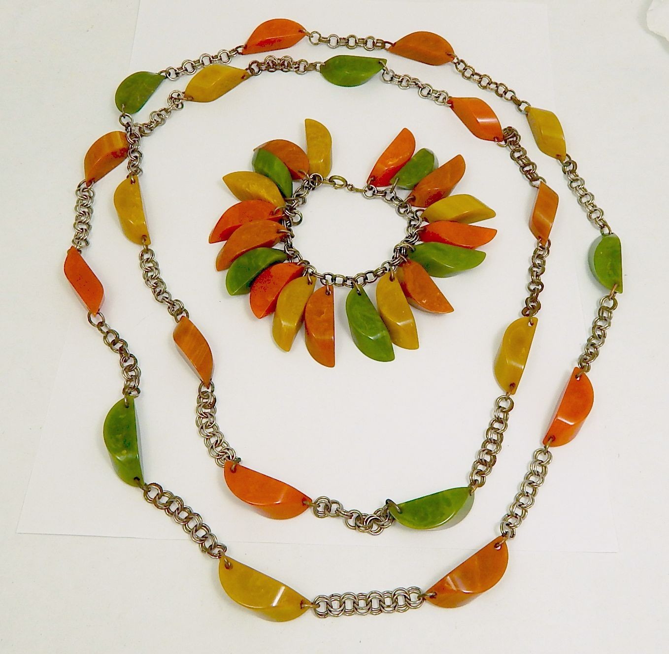 Bakelite Dangle Charm Bracelet + Matching AS IS Necklace Green Orange Yellow
