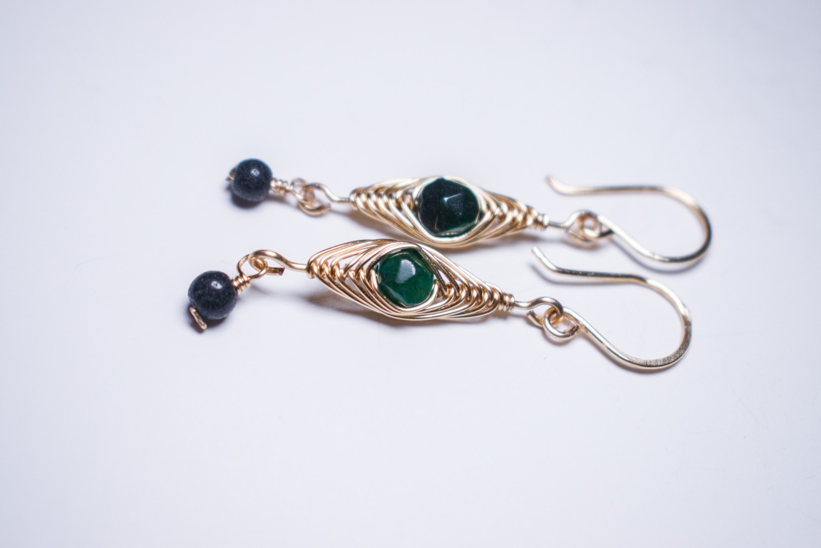 Gold Herringbone Earrings with Green & Black Beads