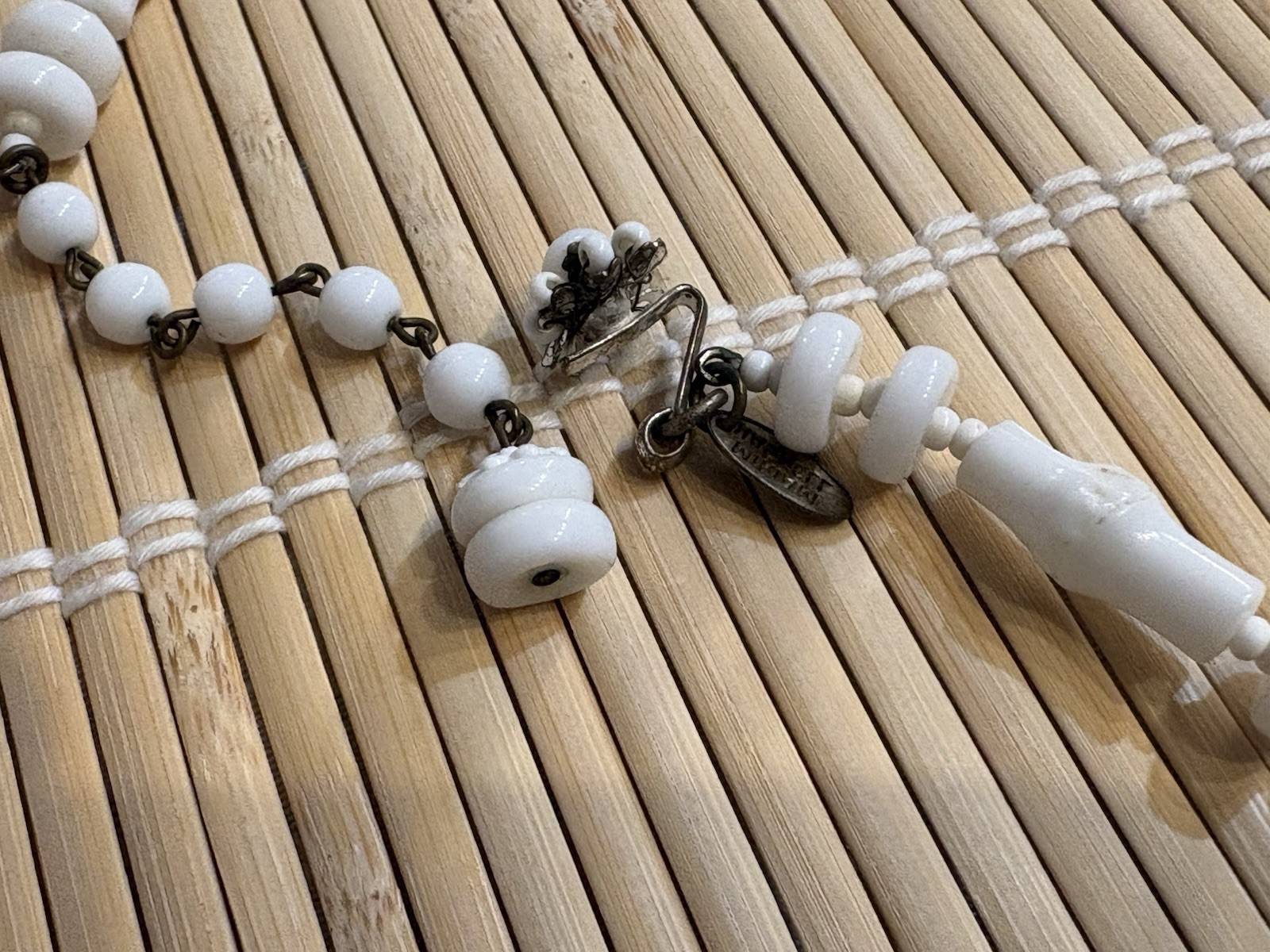 Vintage MIRIAM HASKELL White Bamboo Beaded Necklace Bib Ladder 12” Signed