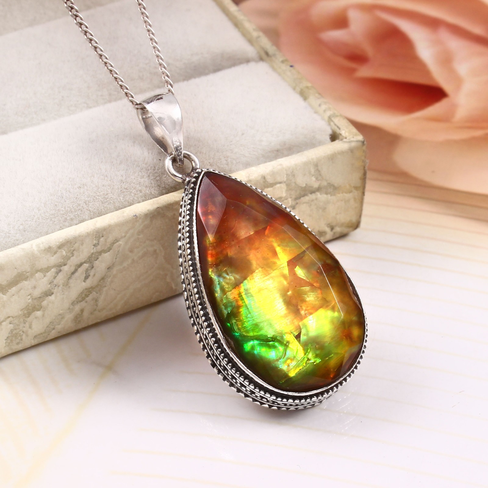 Natural Green Orange Ammolite Pendant 925 Sterling Silver Faceted Teardrop