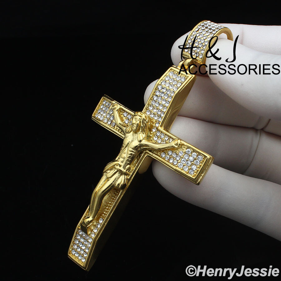 18-40″Stainless Steel 7mm Gold Plated Miami Cuban Chain BIG CZ Cross Pendant*142