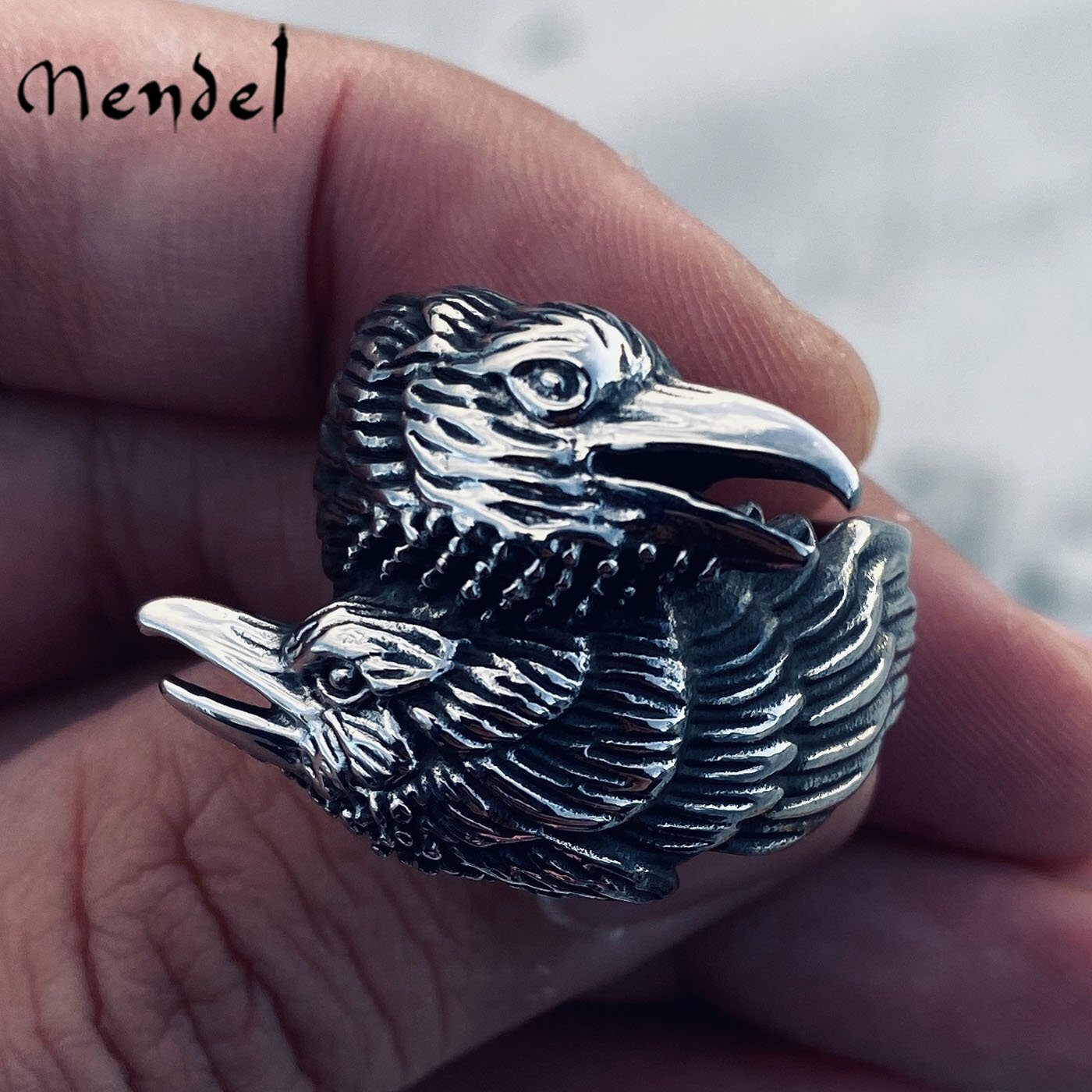MENDEL Stainless Steel Mens Biker Viking Odin Crow Bird Raven Ring Men Size 7-15