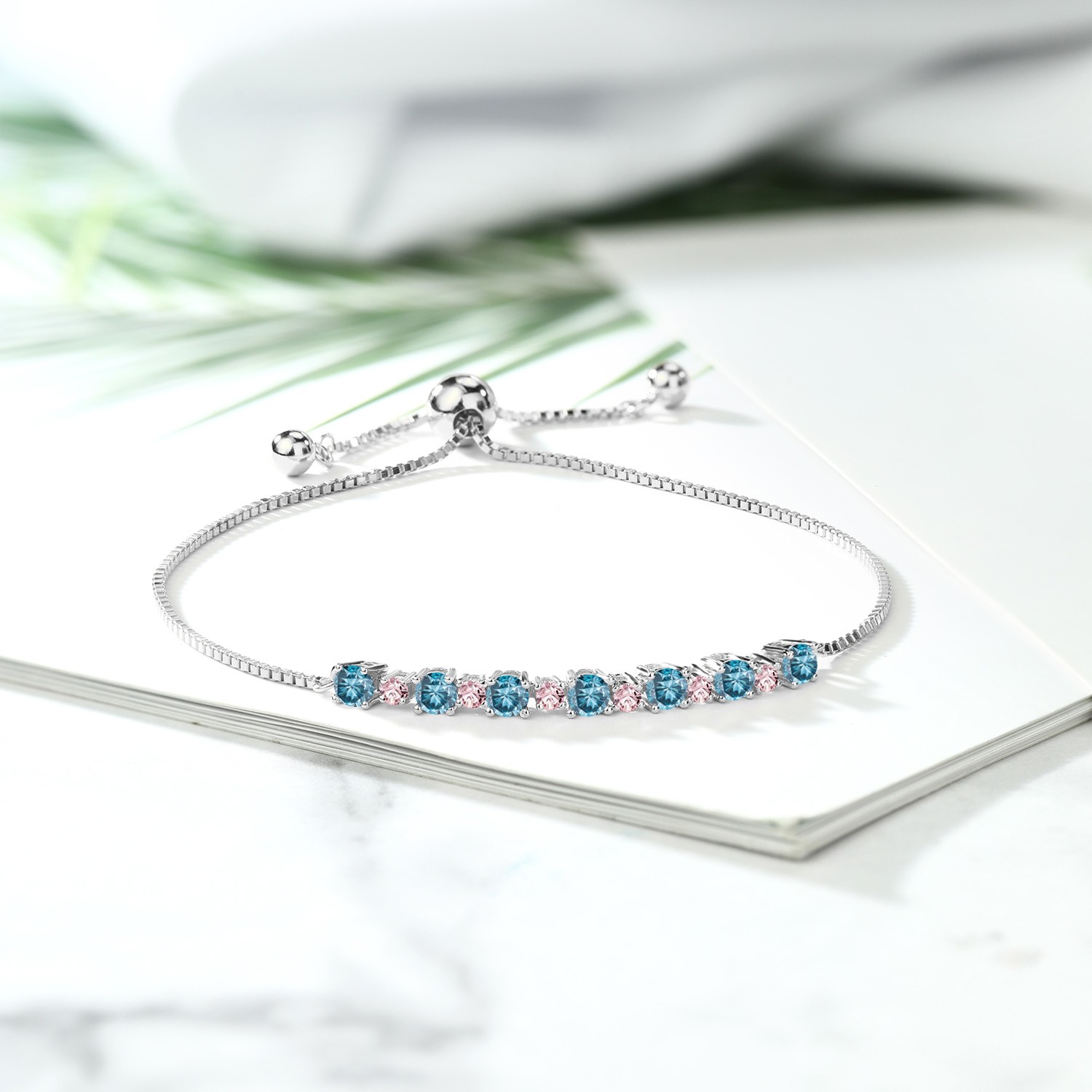 925 Sterling Silver Blue Lab Grown Diamond and Pink Lab Grown Diamond Bracelet