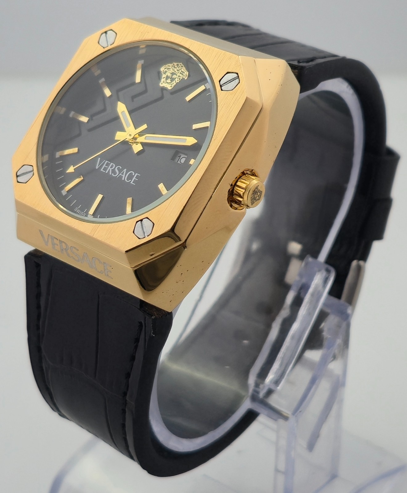 Working Versace Quartz Black Dial with Date Men’s Wristwatch Leather Band