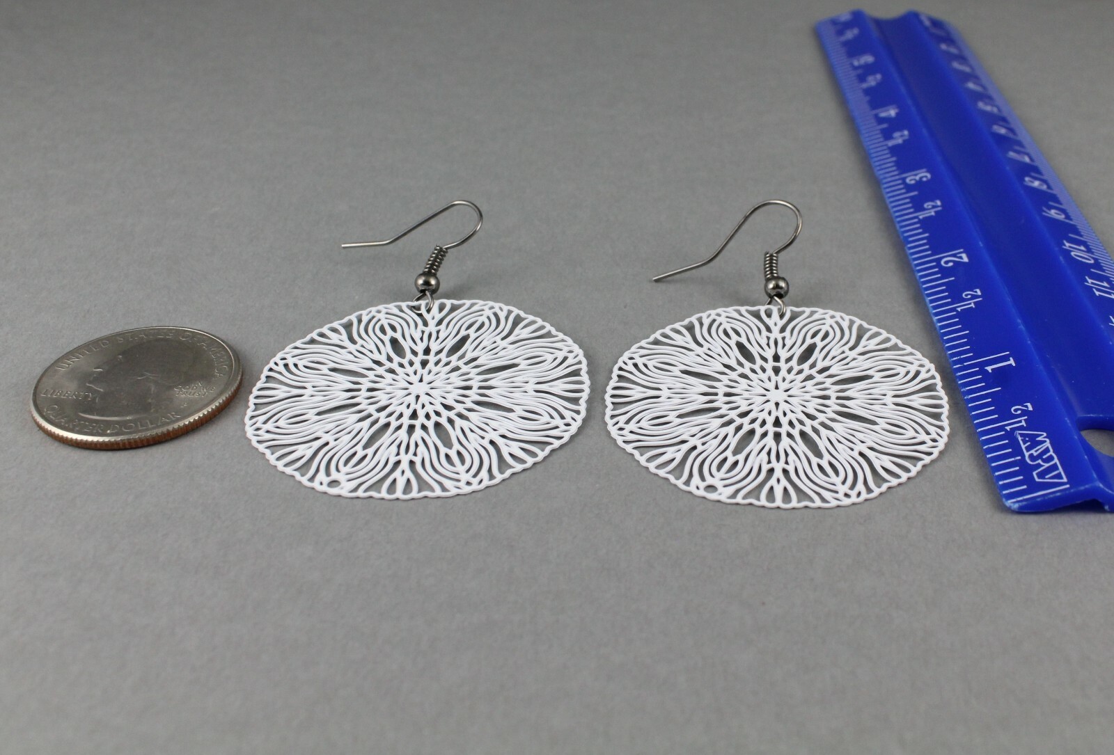 White round earrings cut out flower filigree scroll circle 2 1/8 long very Light