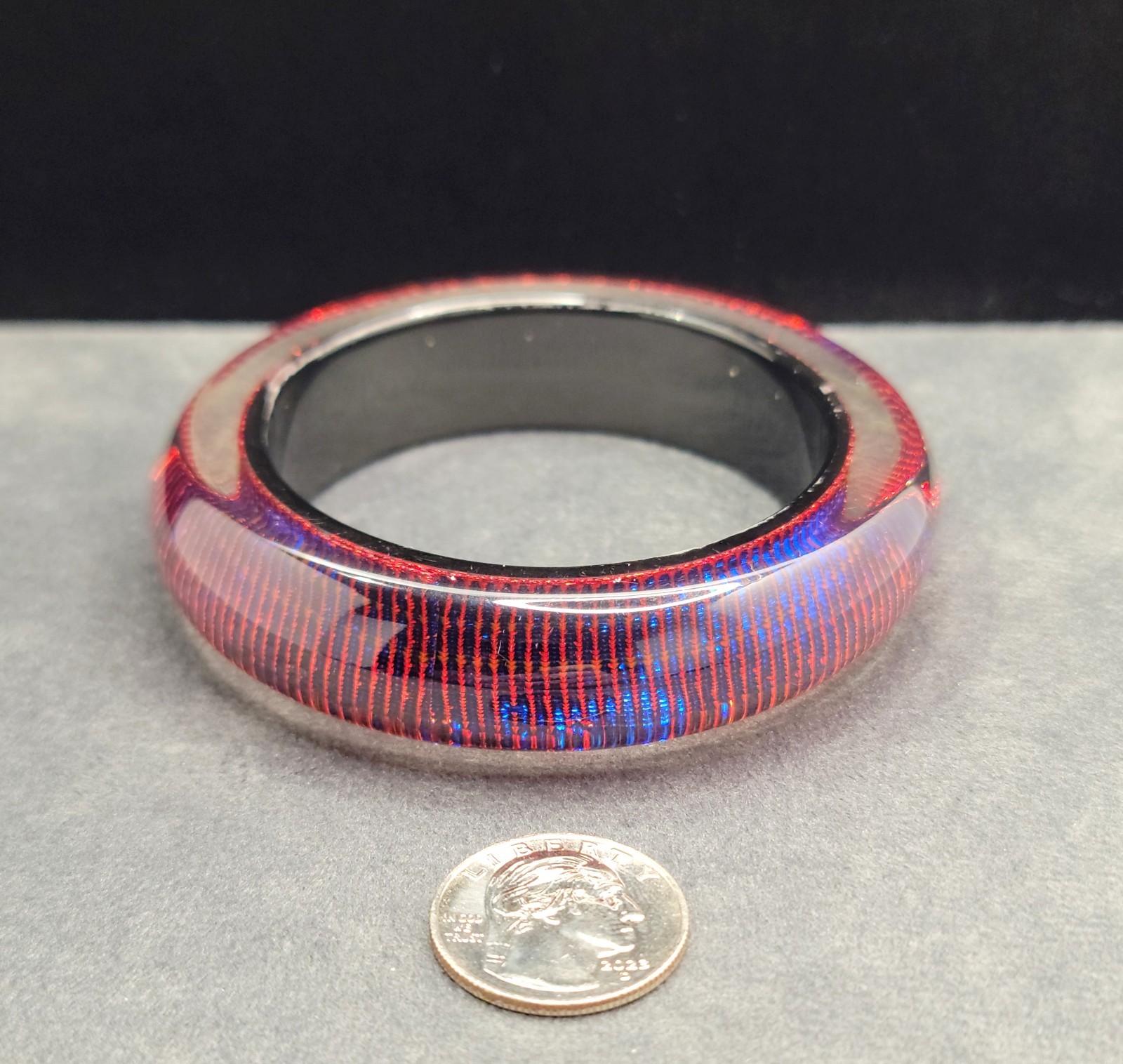 VTG 60s Pop Art Lucite Bracelet Red Blue Striped Foil Backed Chunky Bangle