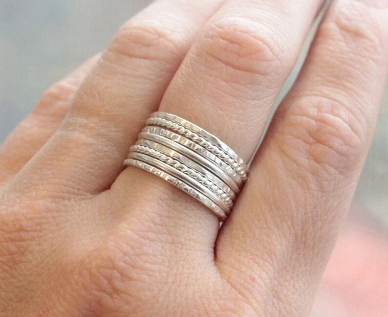 925 Sterling Silver, Solid Silver, Band Ring, Unisex, Set of 8 Stacking Rings