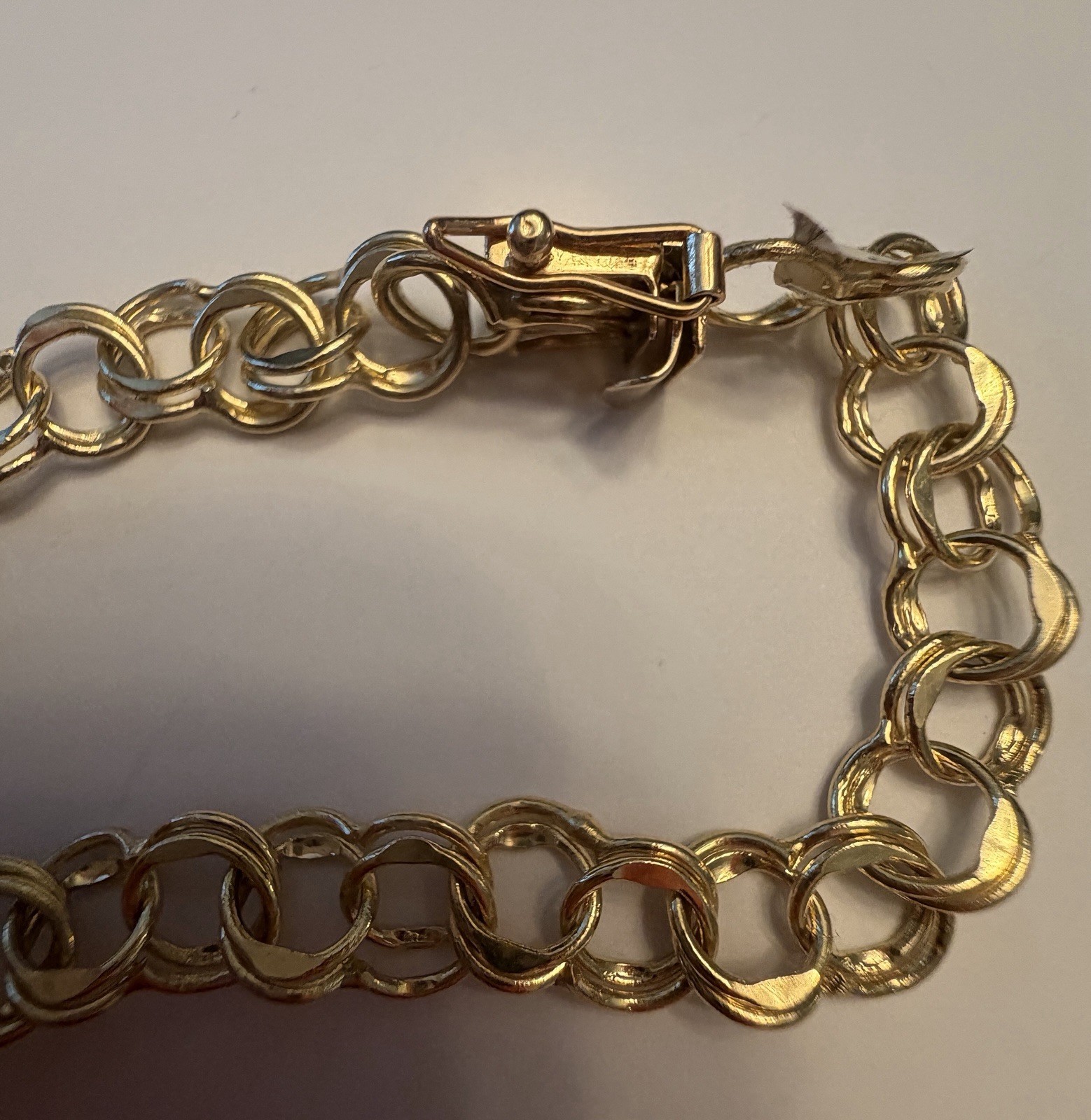 14k Yellow Gold Double Curb Link Chunky Charm Bracelet Polished Retro Never Worn