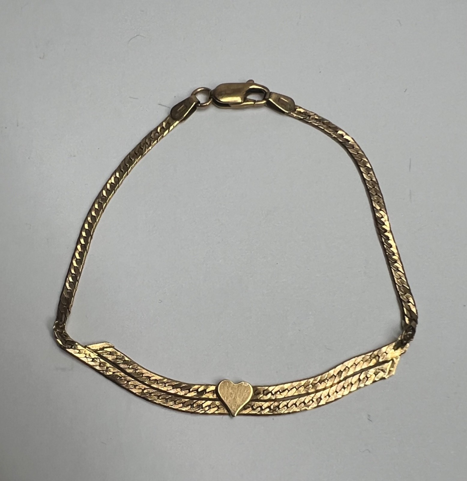 Vintage 14k Solid Yellow Gold Double Herringbone Heart Bracelet 7.5″ 3.88g