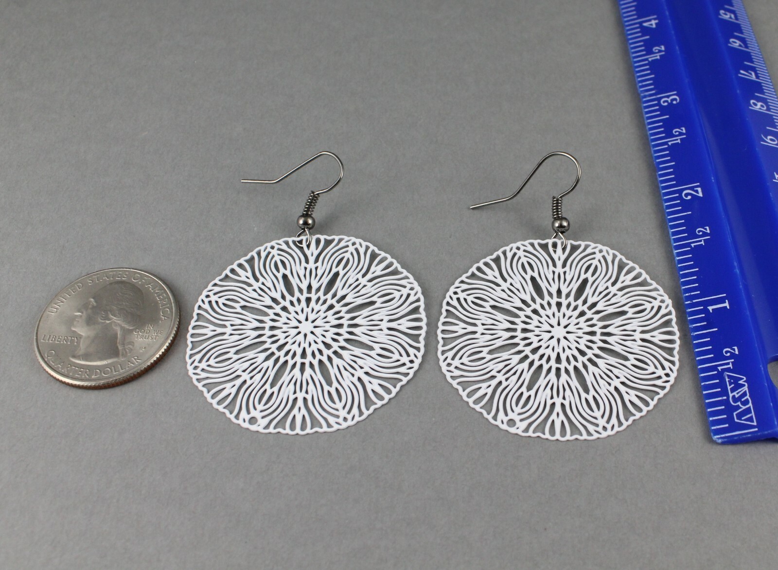 White round earrings cut out flower filigree scroll circle 2 1/8 long very Light