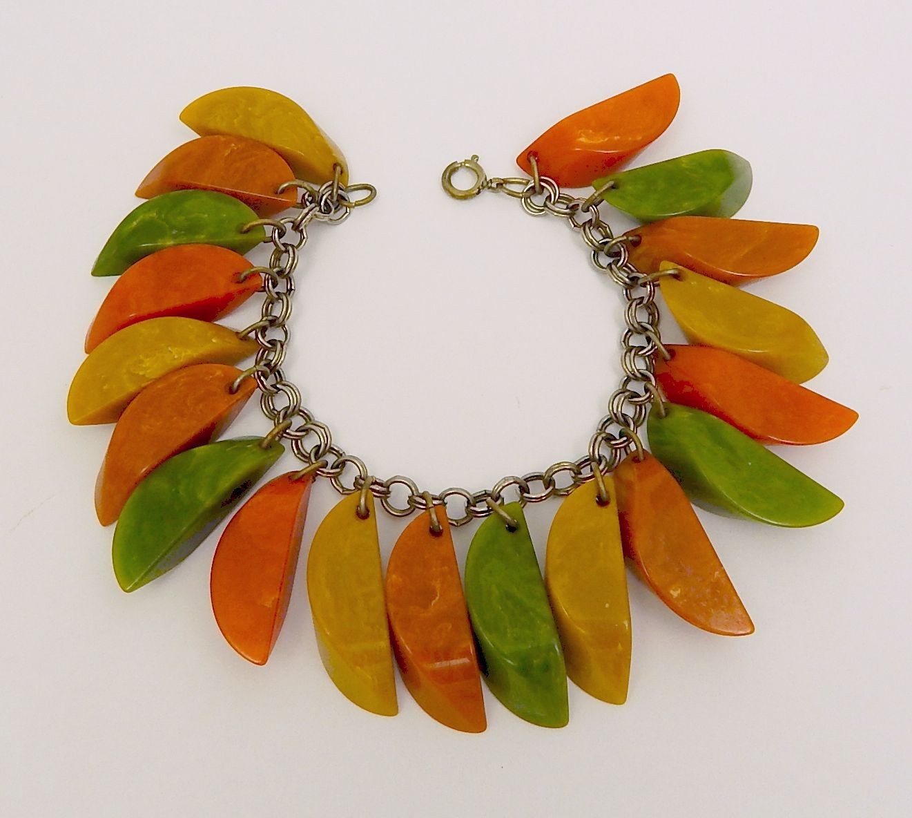 Bakelite Dangle Charm Bracelet + Matching AS IS Necklace Green Orange Yellow