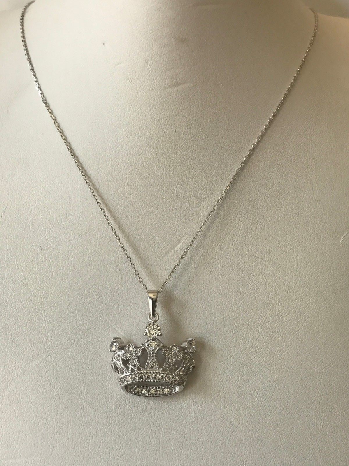 925 STERLING SILVER CROWN NECKLACE PENDANT W/ LAB ACCENTS/ SIZE 22MM BY 24MM