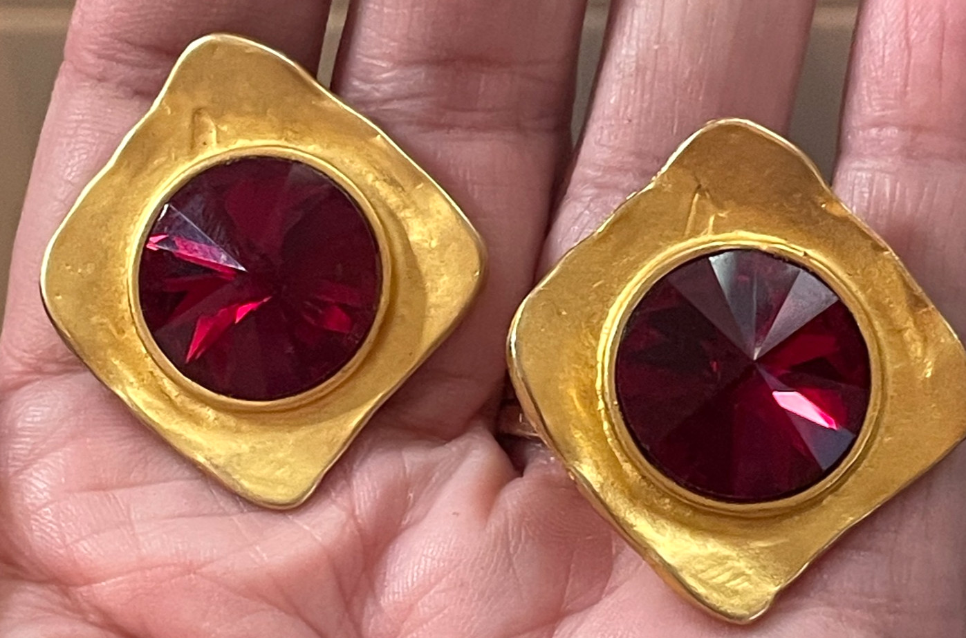 Norma Jean Brushed Satin Goldtone Red Deep Berry Rivoli Crystal Clip Earrings
