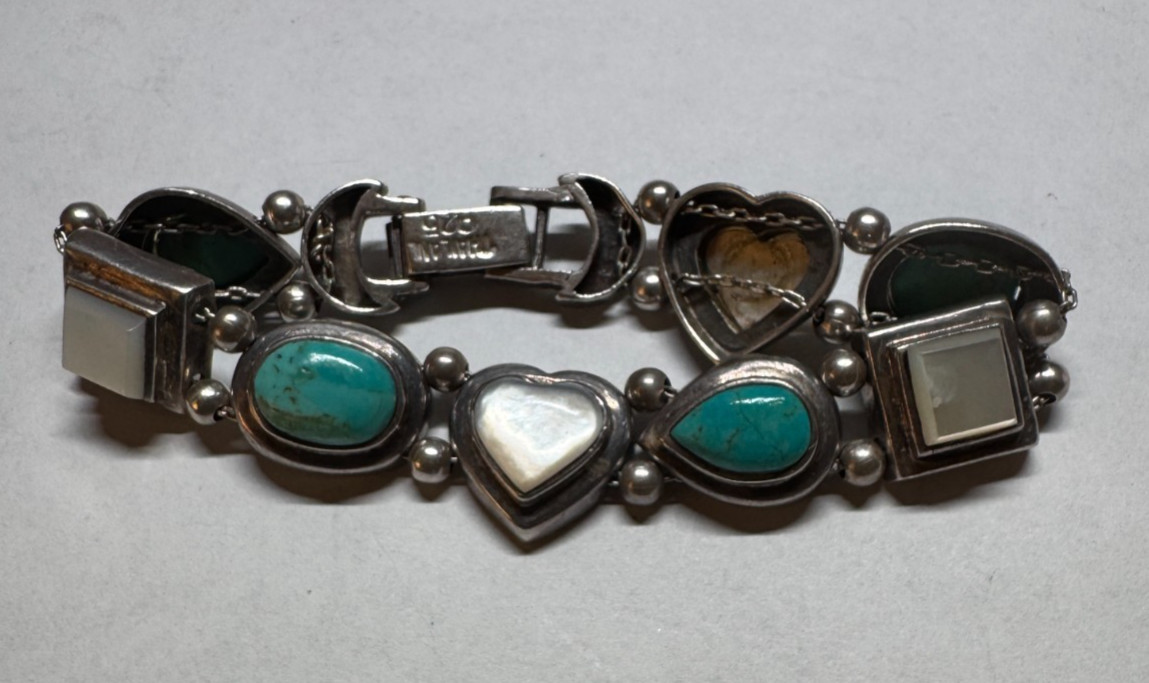 925 Thailand Sterling Silver Turquoise Mother of Pearl Link Bracelet 31g