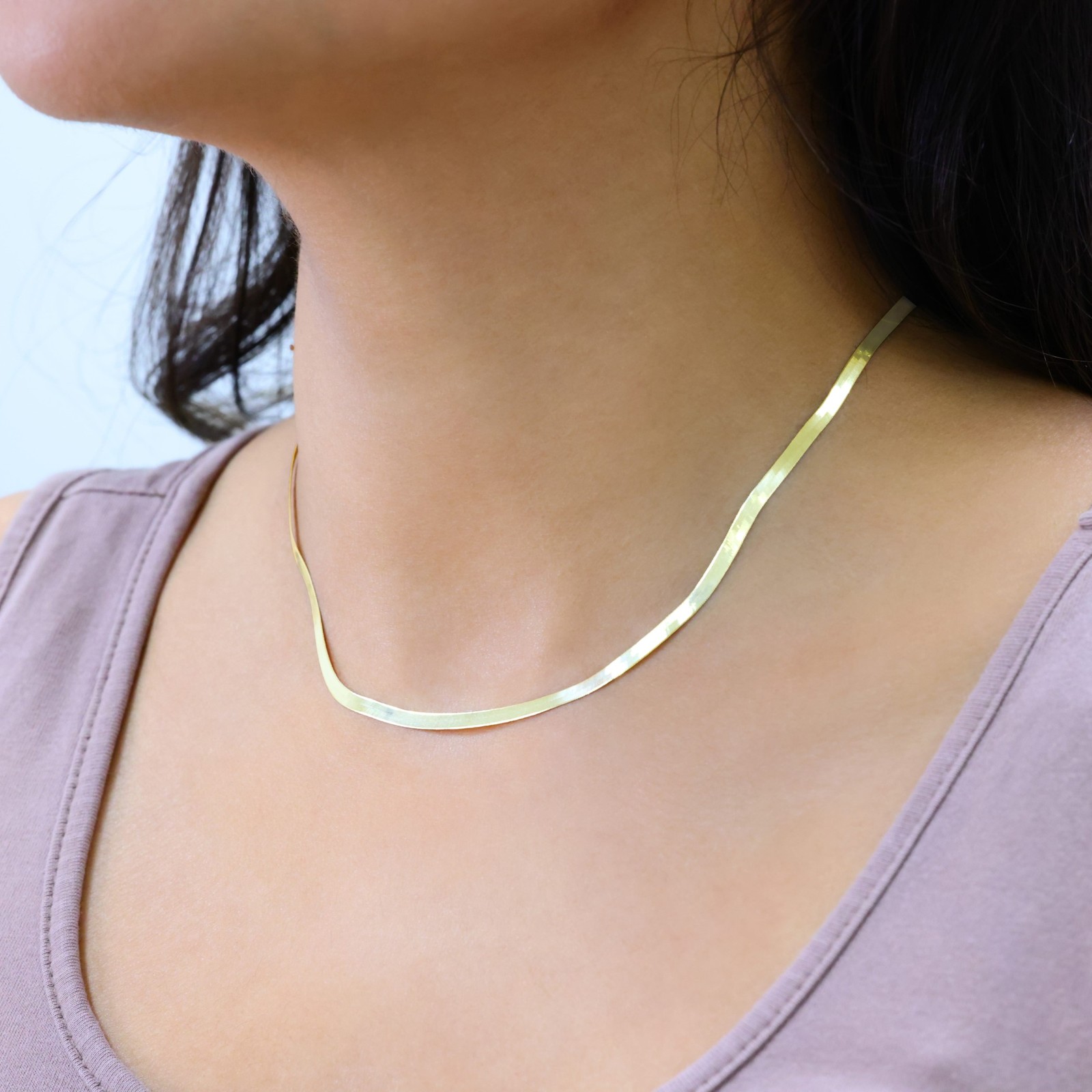 14K Yellow Gold Solid 3mm Herringbone Silky Flat Womens Chain Necklace 14″- 24″