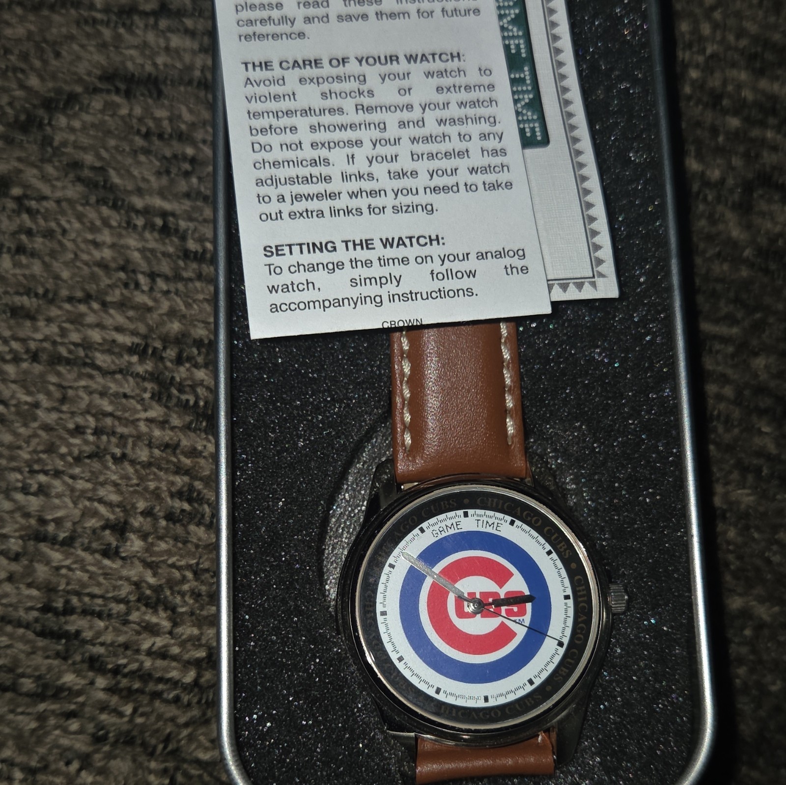 Game Time Chicago Cubs Quartz Wristwatch Brown Leather 40mm 30m Box Manual