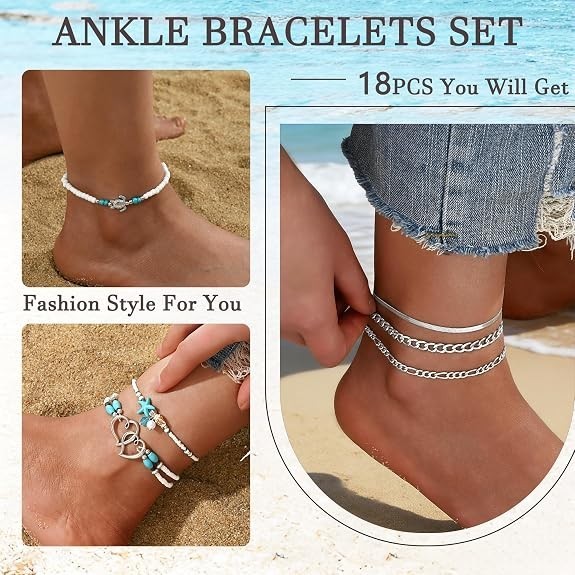 21PCS Gold Anklets Set for Women Boho Shell Bead Adjustable Waterproof