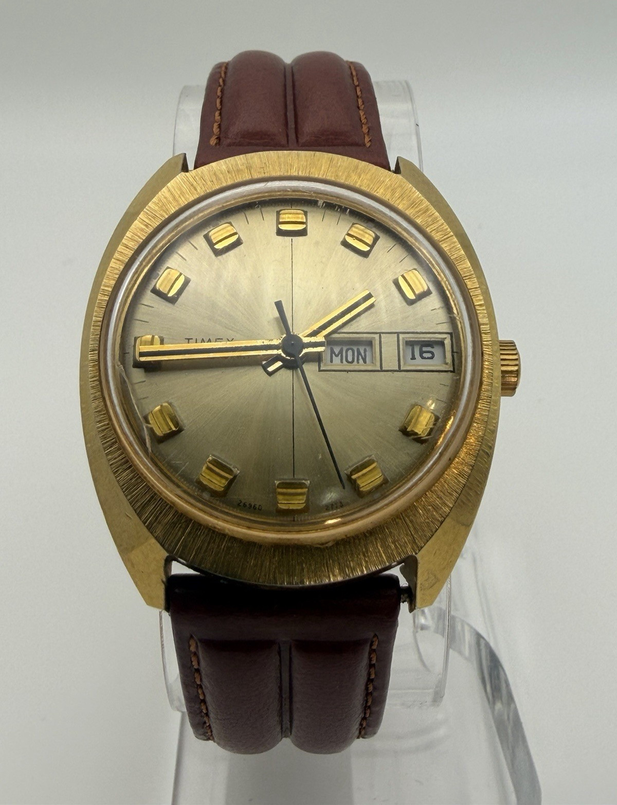 Vintage Timex Automatic Day Date Gold Dial Men’s Watch Brown Strap