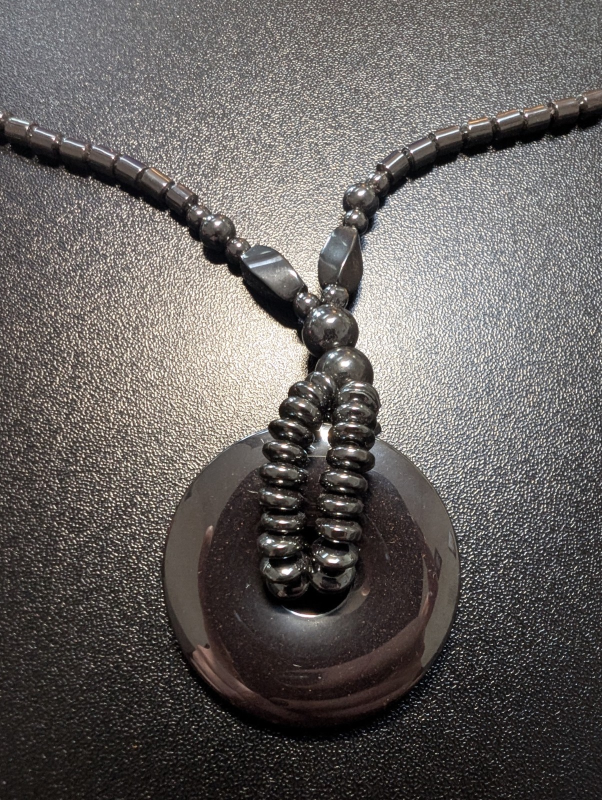 Magnetic Hematite Beaded Necklace Ring Donut Pendant Gunmetal Grey Therapy