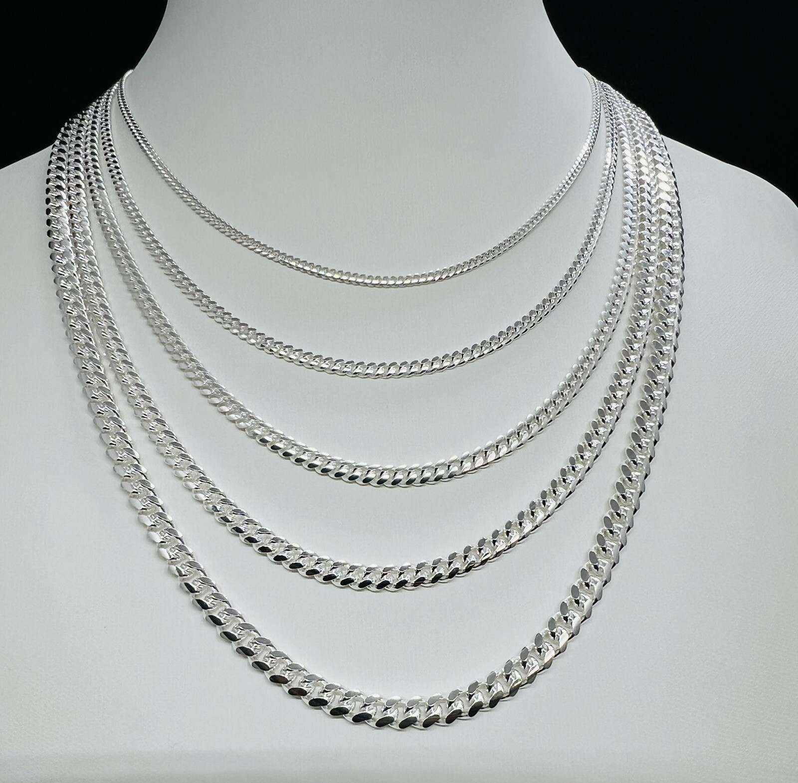 .925 Sterling Silver Solid Miami Cuban Chains Men’s/Women’s 2mm-5mm size 16″-30″