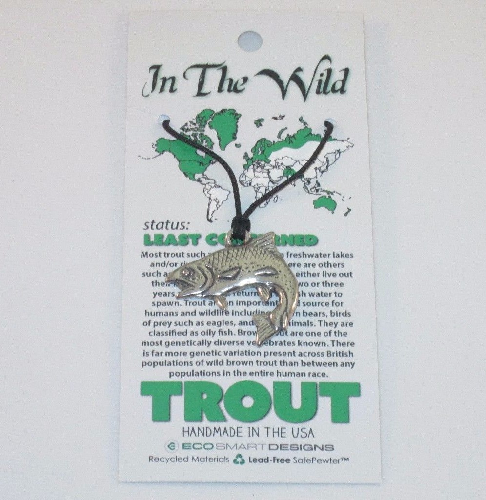 Trout Fish Pendant Lead free Safe Pewter 1.25″ Corded Made in USA Eco Smart