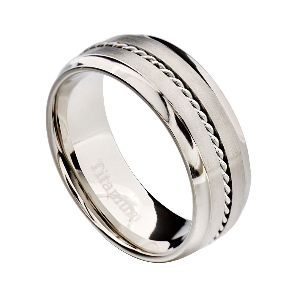 Men’s Titanium Ring Wedding Band Combined Polish Steel Cable Inlay Comfort Fit
