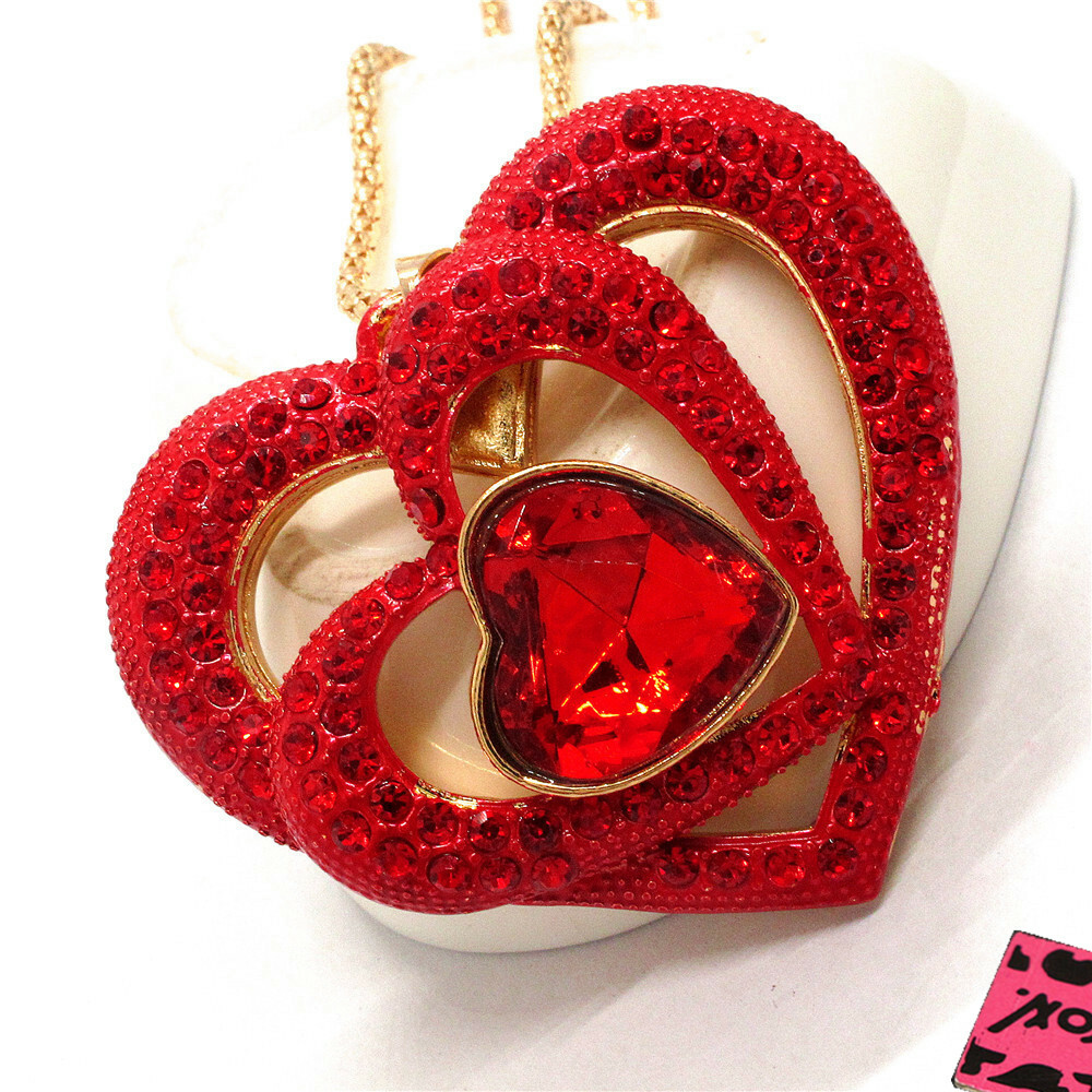 New Fashion Women Red Crystal Bling Three Hearts Love Pendant Chain Necklace
