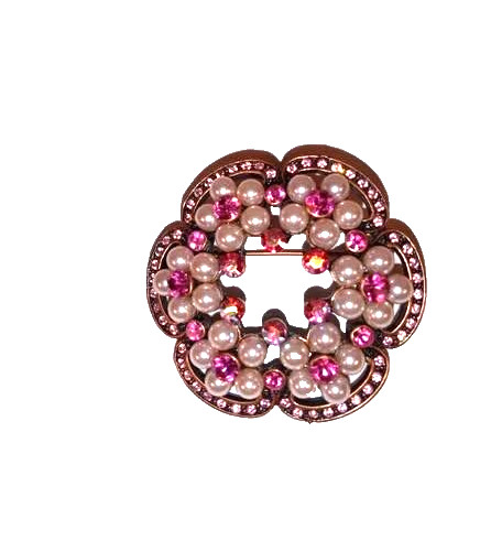 Flower Brooch Pin Gold Tone Pink Rhinestone Faux Pearl Round Costume Jewelry