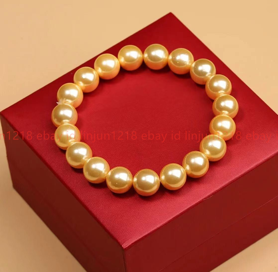Handmade 8/10/12mm Gold Shell Pearl Gemstone Round Beads Stretch Bracelet 7-9in