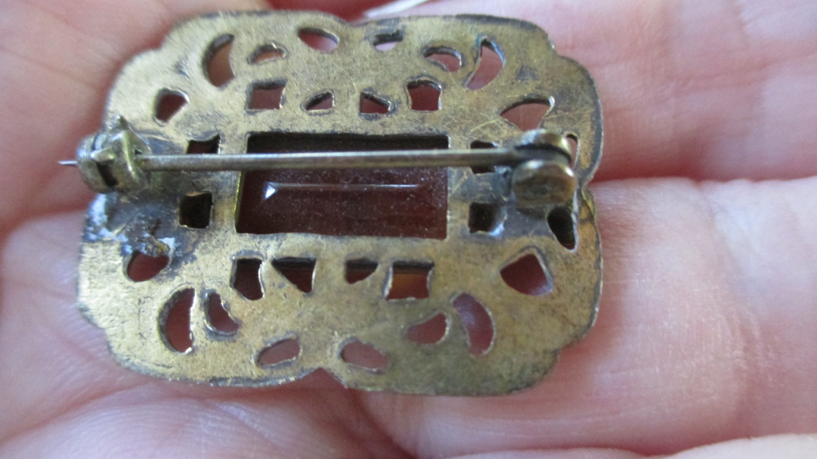 ANTIQUE BRASS & GLASS BROOCH FROM BOHEMIA, CZECH REPUBLIC