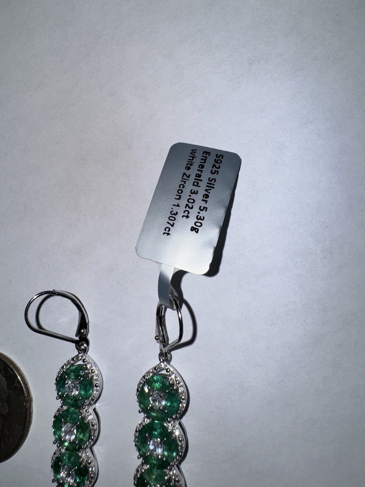 Genuine Emerald, Sterling And White Zircon Lever Back Drop Earrings