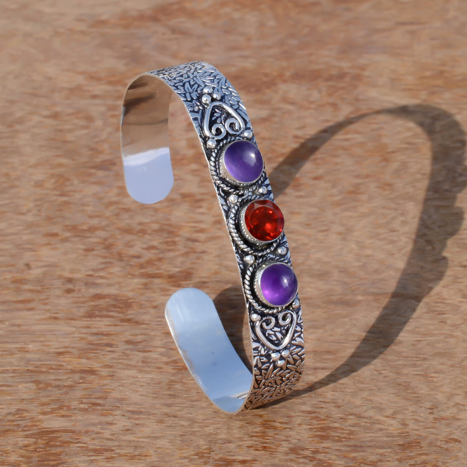 Amethyst & Red Garnet Cut Gemstone 925 Sterling Silver Bangle Girl’s Wear Cuff