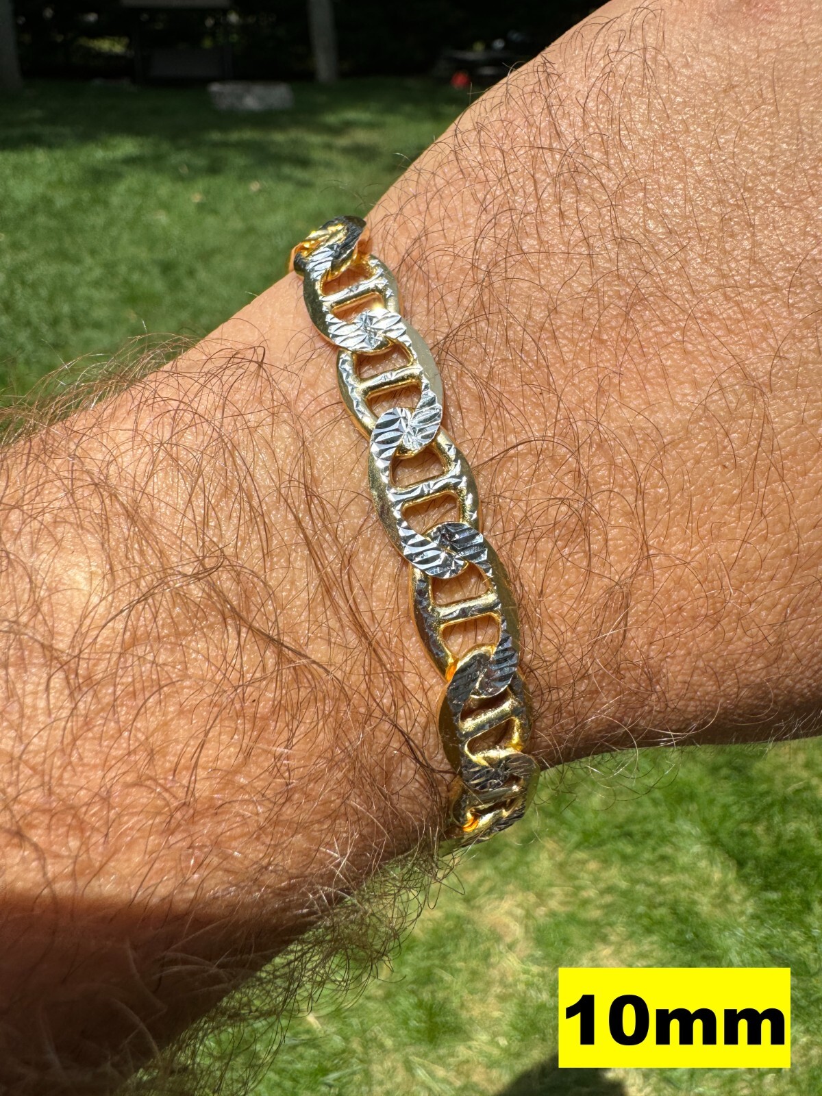 925 Sterling Silver 14k Gold Plated Two Tone Diamond Cut Mariner Link Bracelet