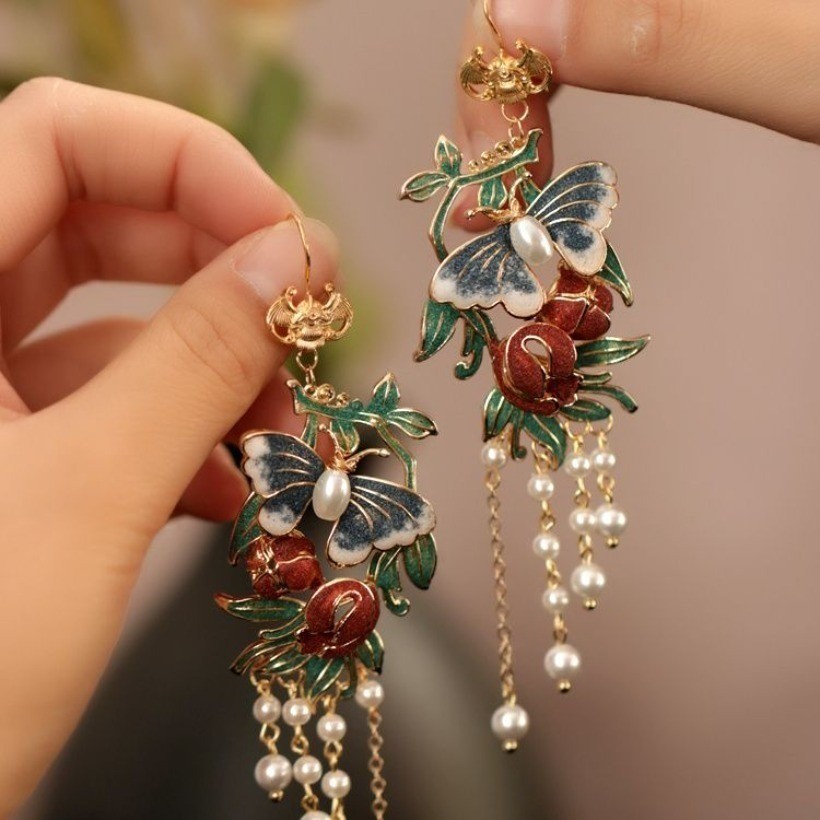 Vintage Court Enamel Butterfly Earrings Tassel Pearl Hanfu Qipao Ear Drops