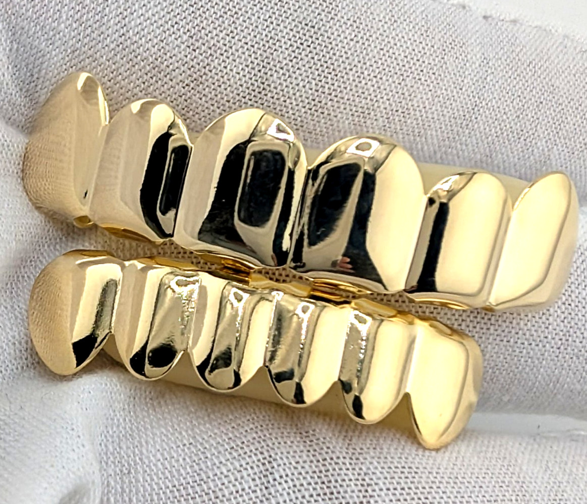 Gold or Silver Plated Grillz Top & Bottom Set 6 Teeth Hip Hop w/ Molding Bar