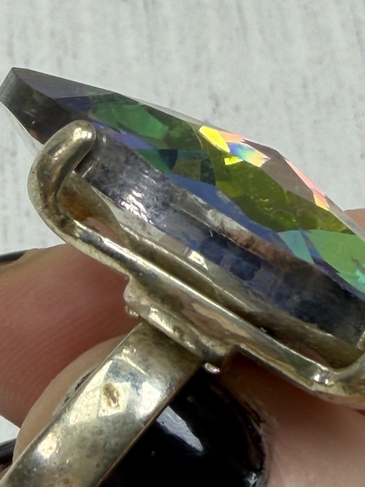 Large Rainbow Foil Backed Crystal Pear Cut Silver Tone Statement Ring Size 5