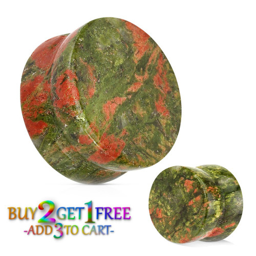 Pair 8g-1″ UNAKITE STONE PLUGS Double Flare Gauges Organic Ear Green Pink 1046