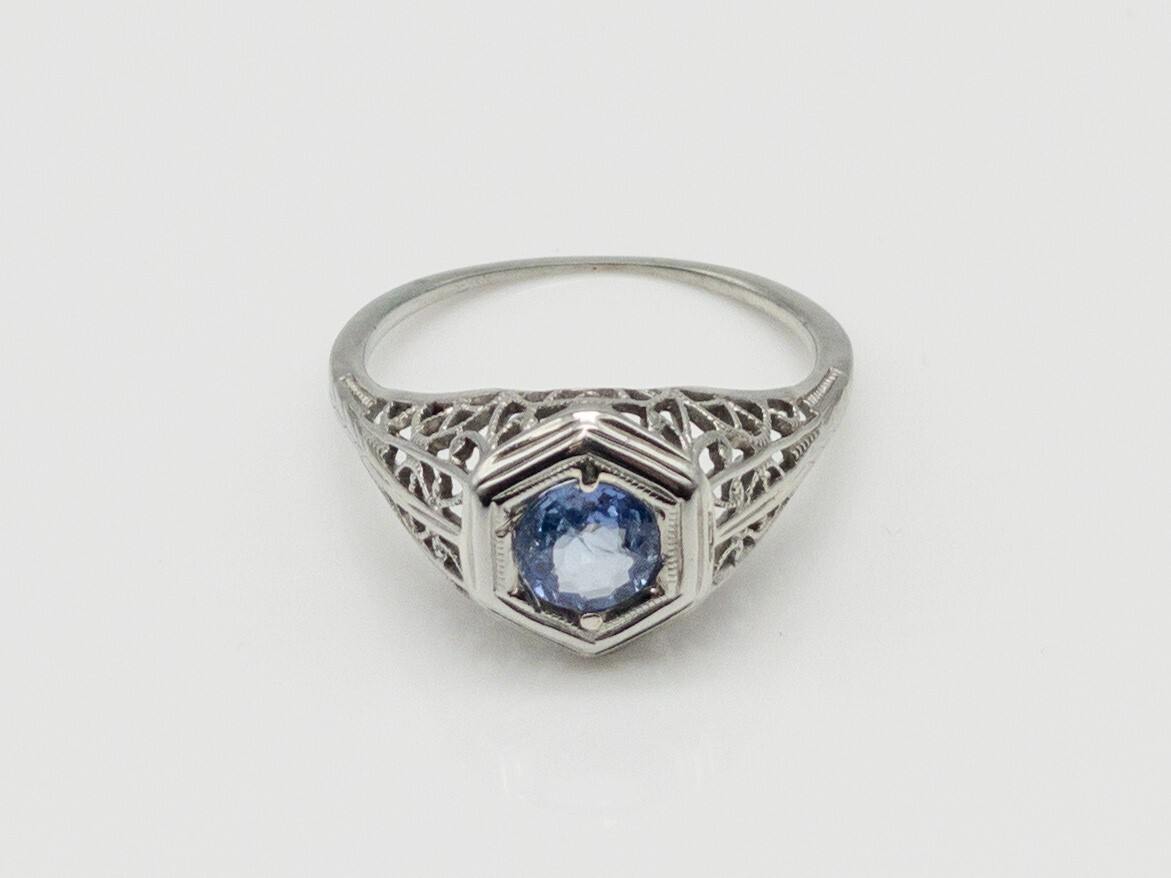 Antique 1920s $2400 .75ct Ceylon Blue Sapphire 18k White Gold Filigree Ring