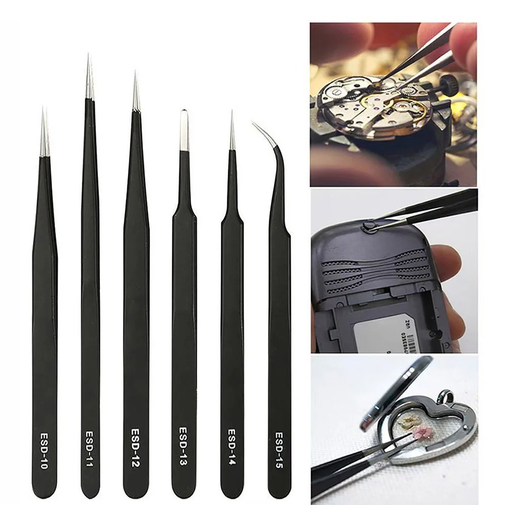 6PCS ESD Anti-Static Precision Tweezers Set Stainless Steel Repair Tools