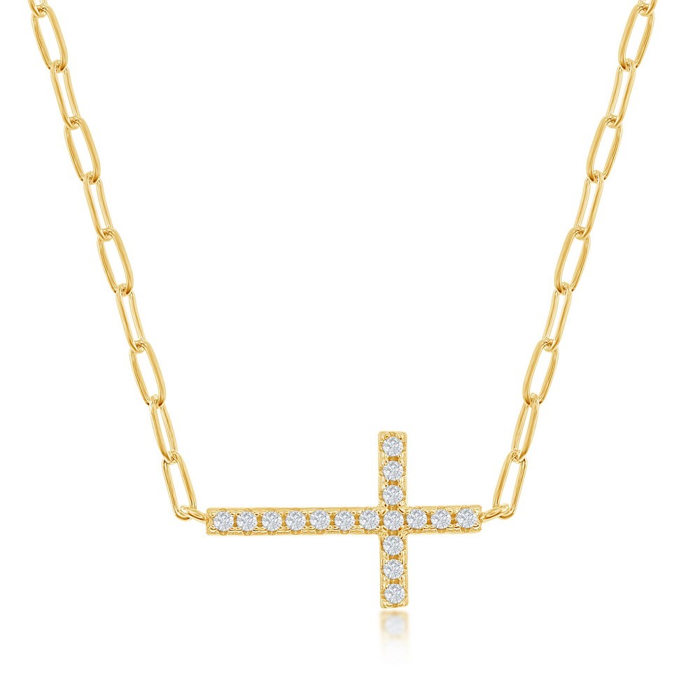 Sterling Silver Sparkling CZ Sideways Cross Paperclip Necklace Gold Plated
