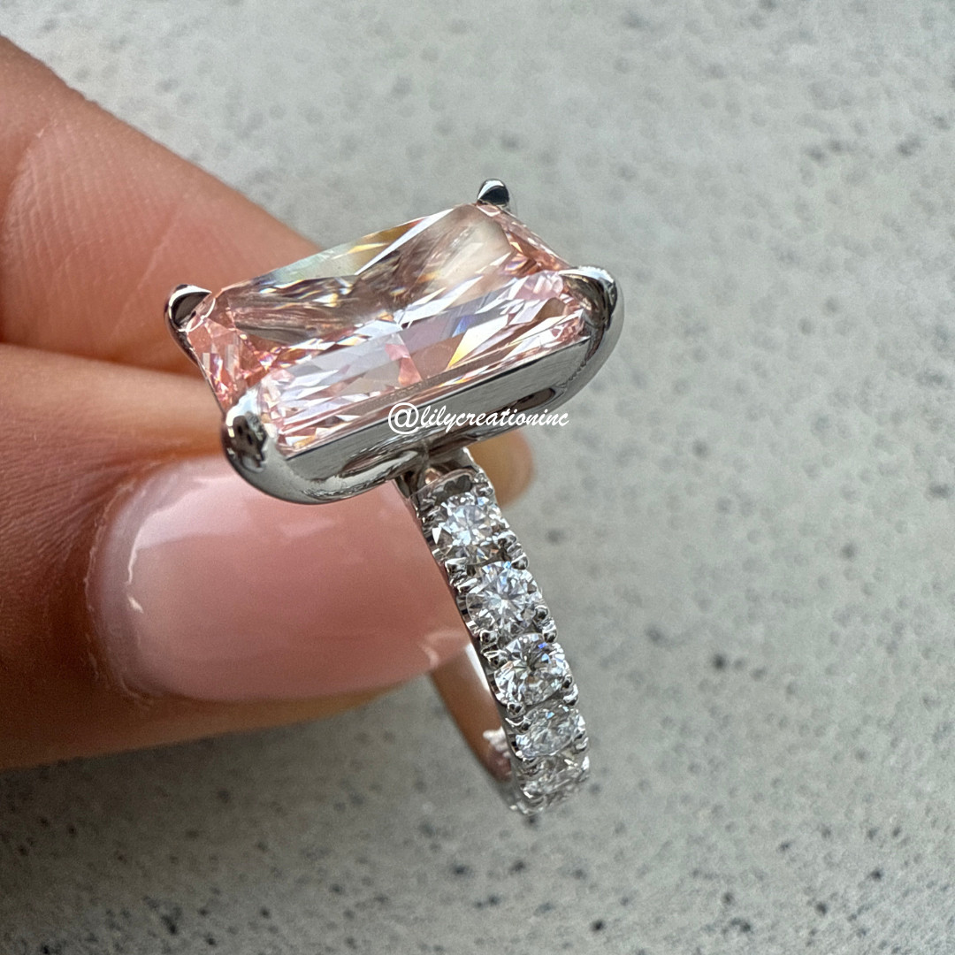 5Ct Pink Radiant IGI Certified Lab Grown Diamond Engagement Ring w/Side Diamonds