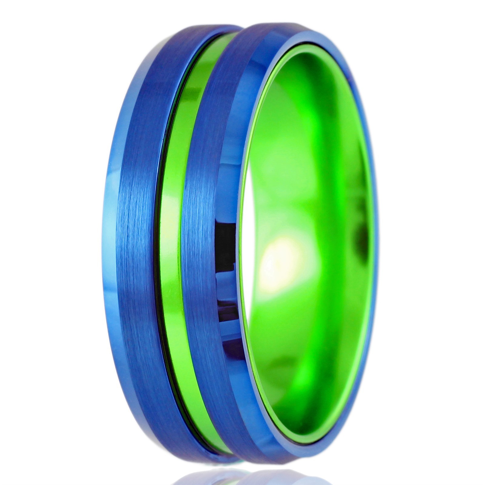 Custom Engraved Mens Blue Tungsten Carbide Green Stripe Band Ring-Seahawks Color