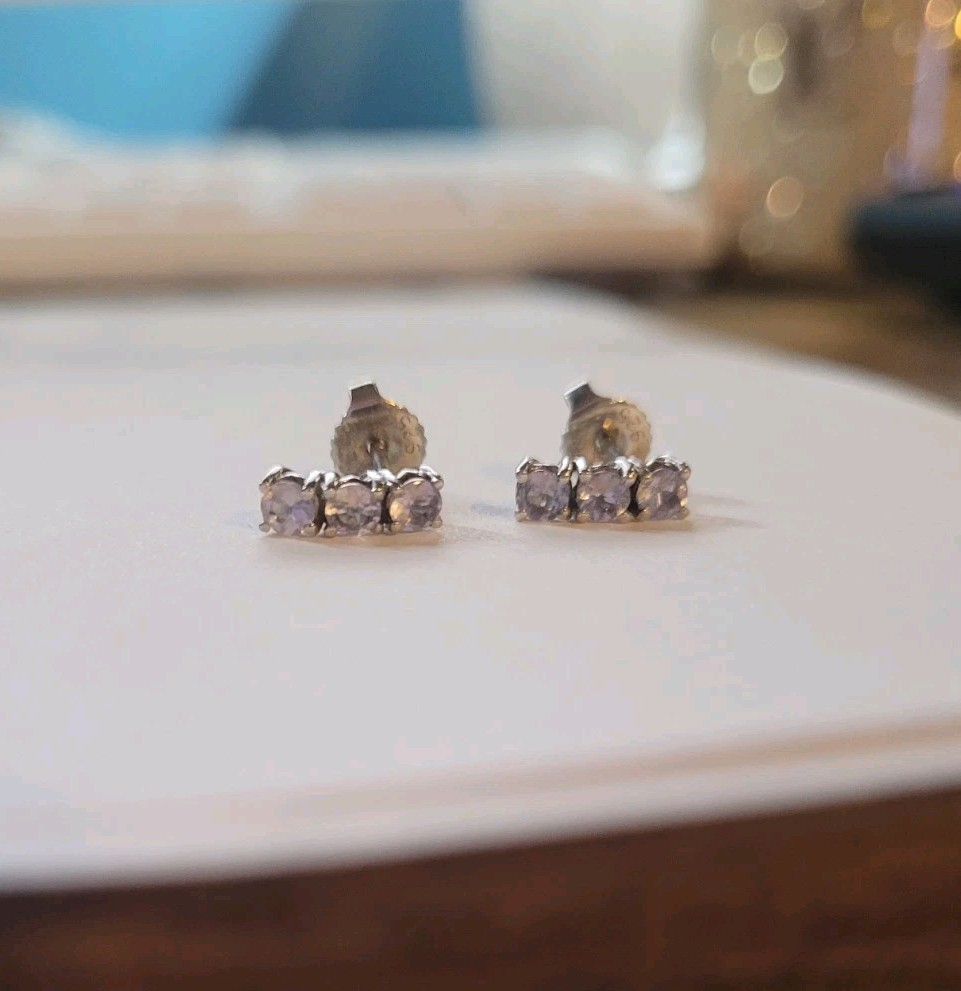 Sterling Silver Tanzanite 3 Stone Stud Earrings Light Purple
