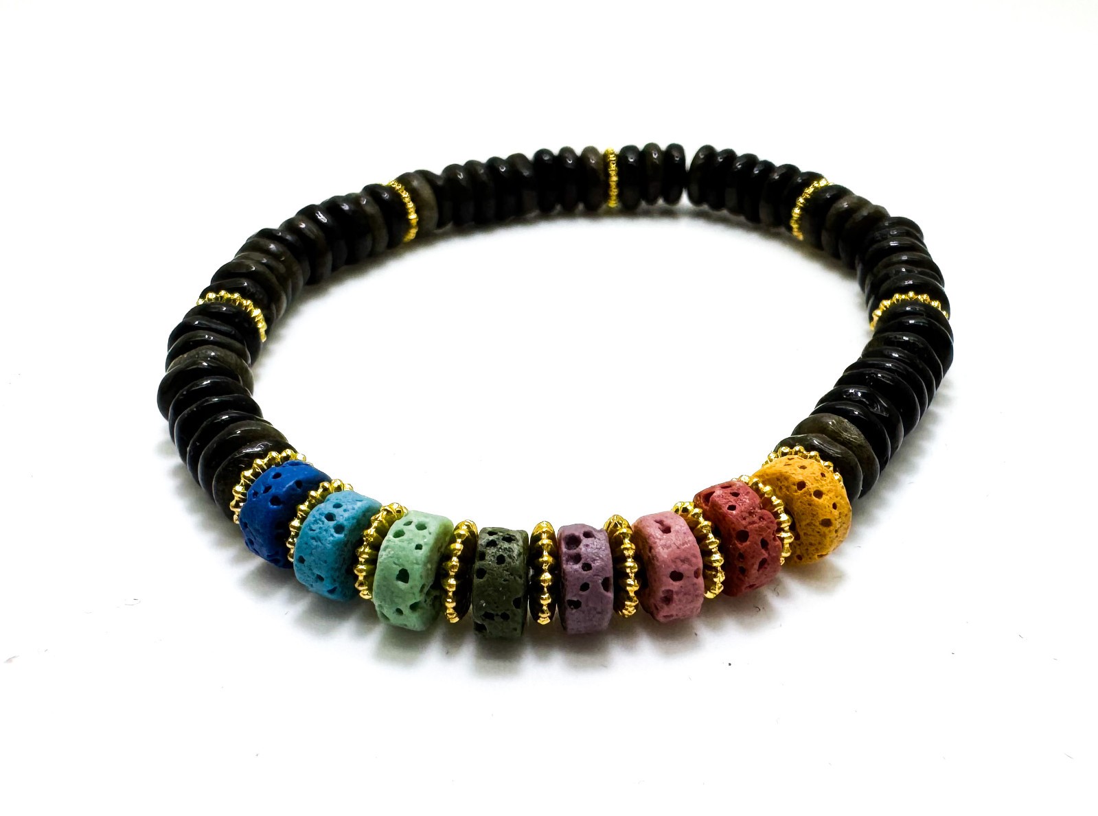 6.5″ Dark Green Jade & Chakra Lava Rock Bracelet – Handmade Elastic Cord, 6mm