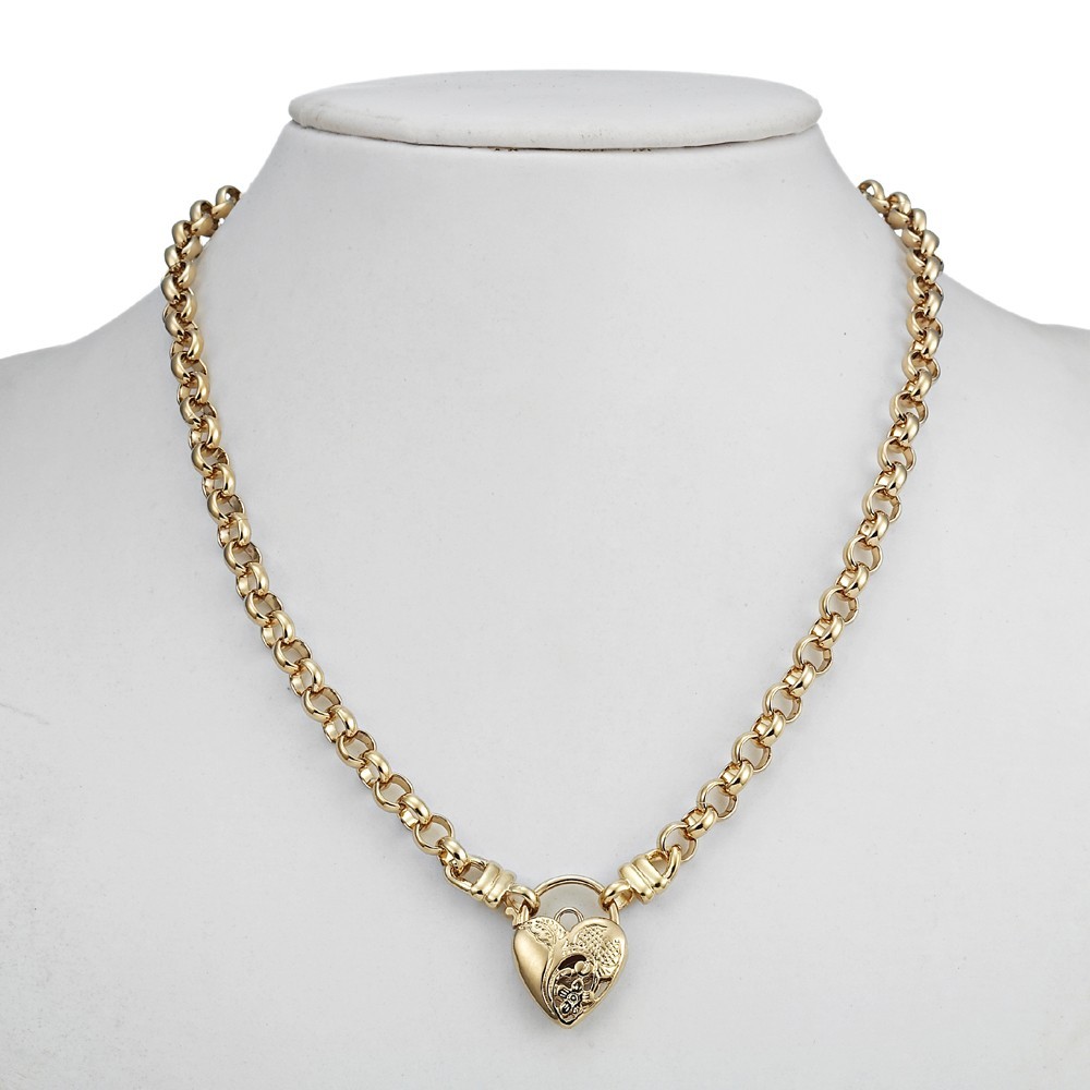 18K GL Solid Belcher Yellow Gold Necklace with Half Filigree Heart Padlock