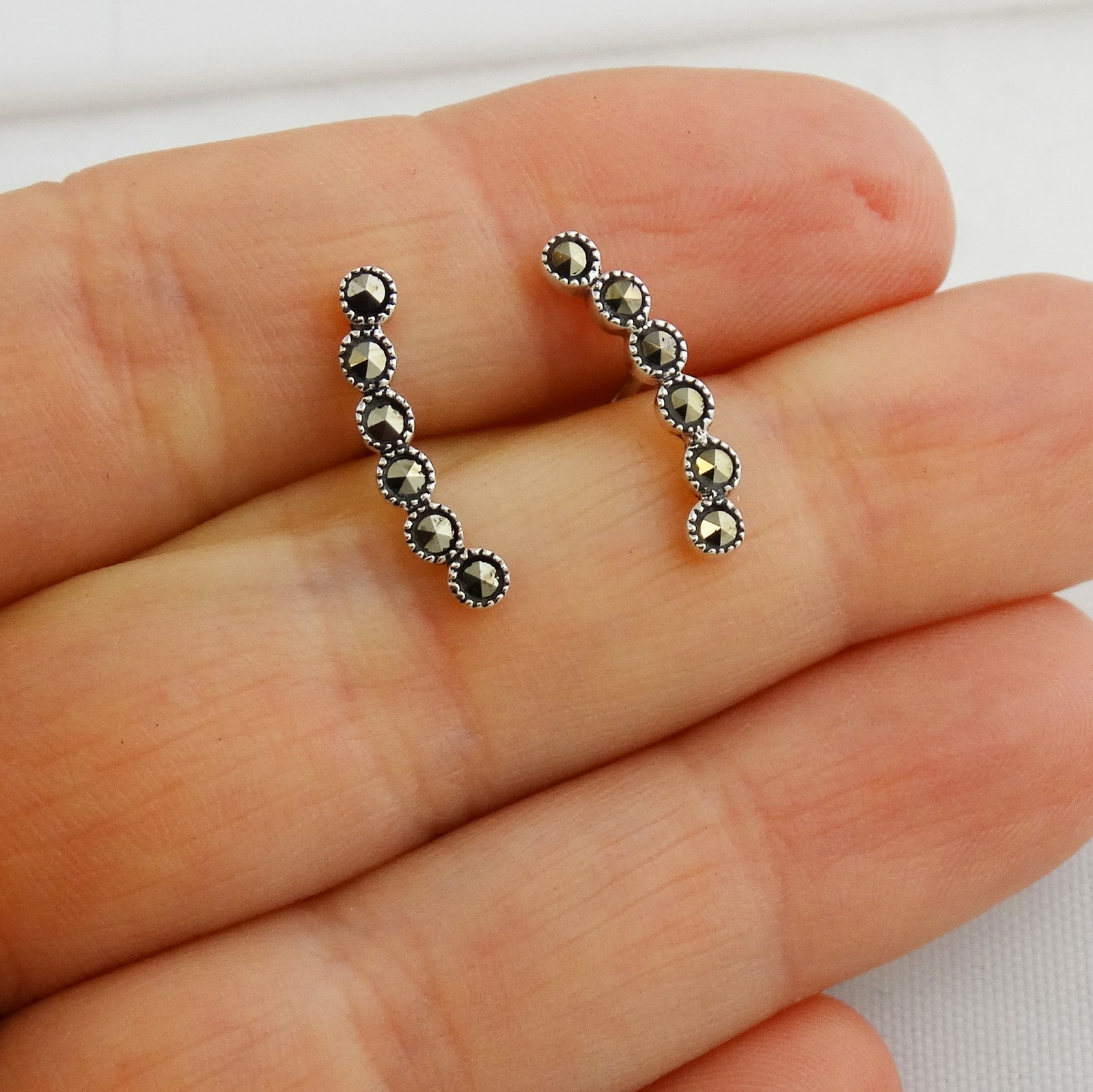 Marcasite Ear Climber Earrings – 925 Sterling Silver – Posts Curved Gift NEW