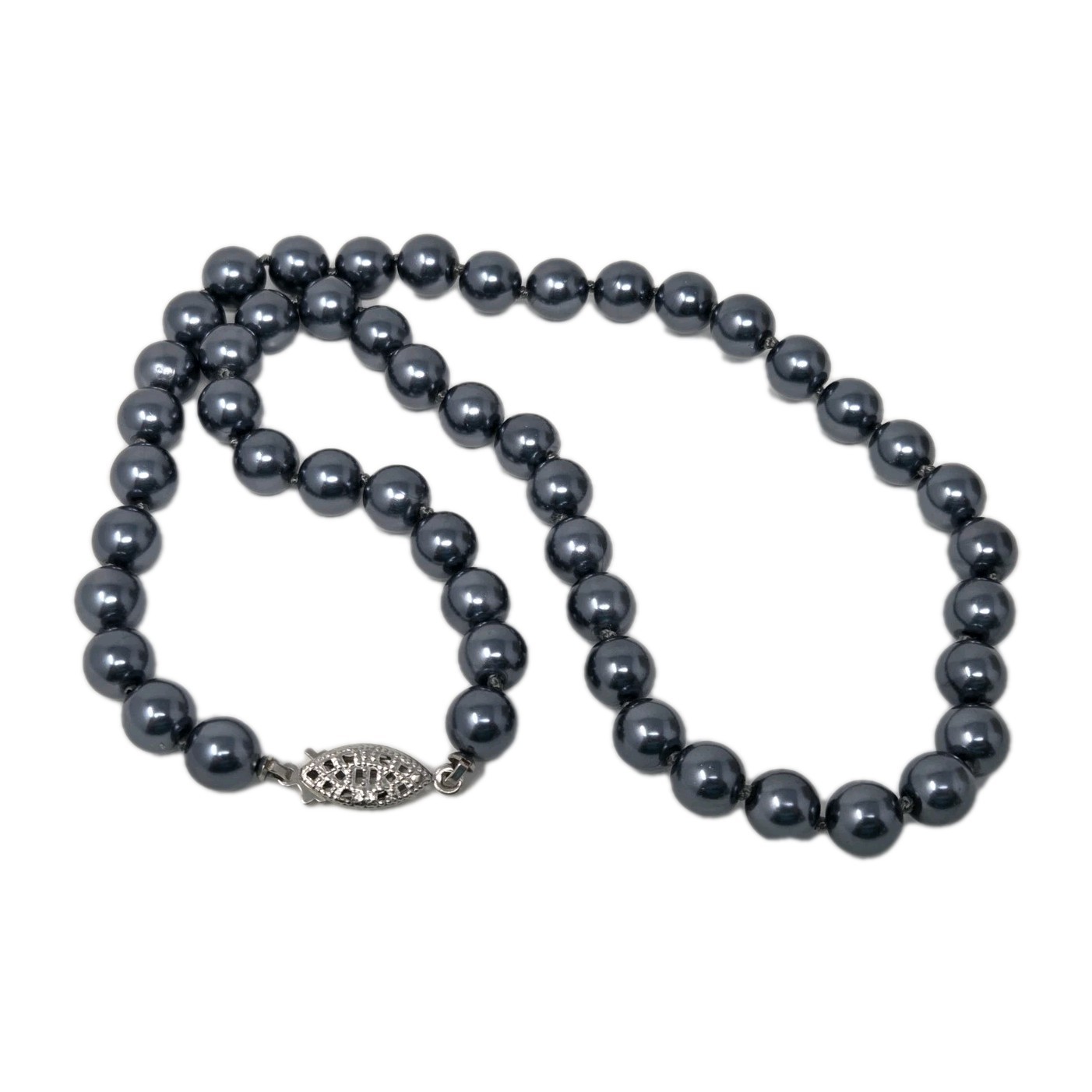 Gray Faux Pearl Necklace 17 Inches Knotted 8mm Beads Vintage Sheen Unsigned