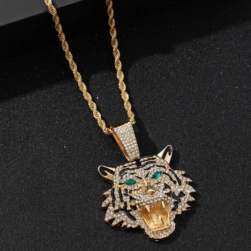 Iced Out Tiger Head Pendant Chain Silver Cuban Link Hip Hop Necklace BlingJewelr