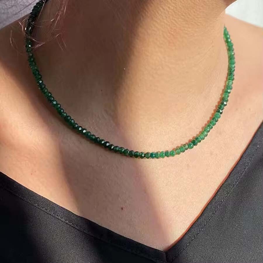 Green Emerald 2mm Beaded Crystal Choker Healing Dainty Minimalist Necklace