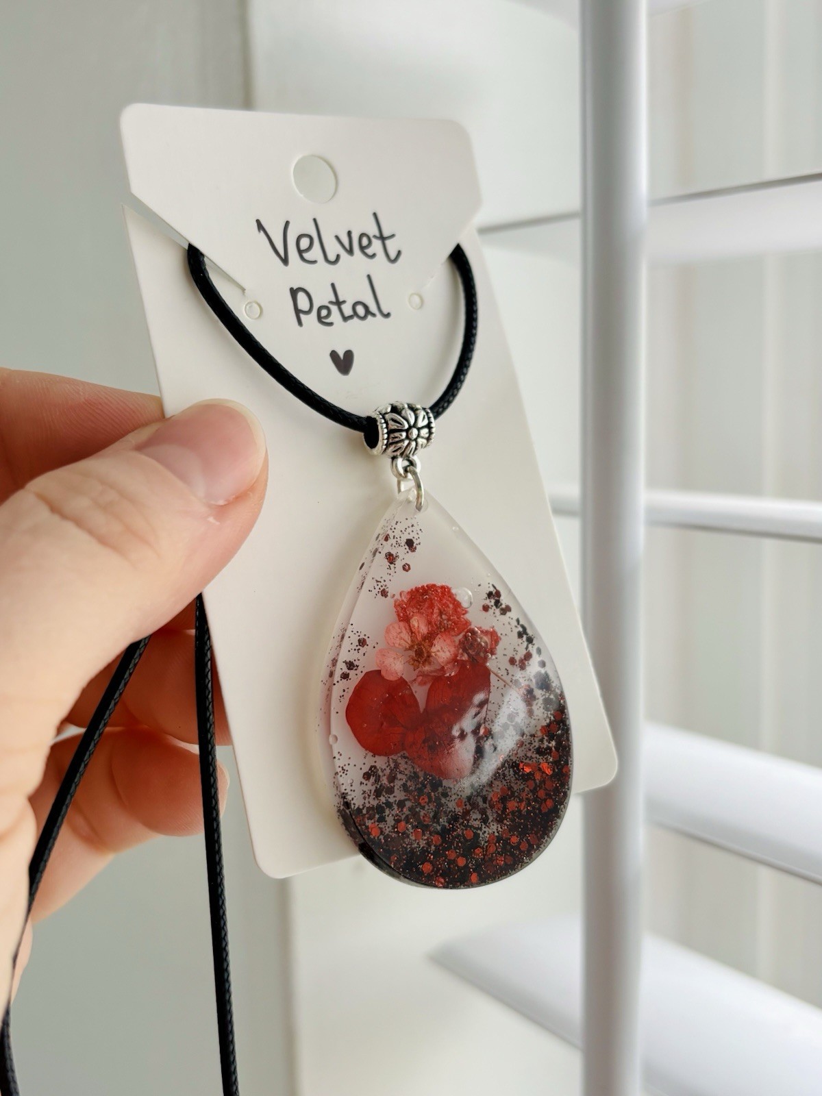 Velvet Petal Resin Necklace Handmade Real Flower Red Glitter Teardrop Pendant